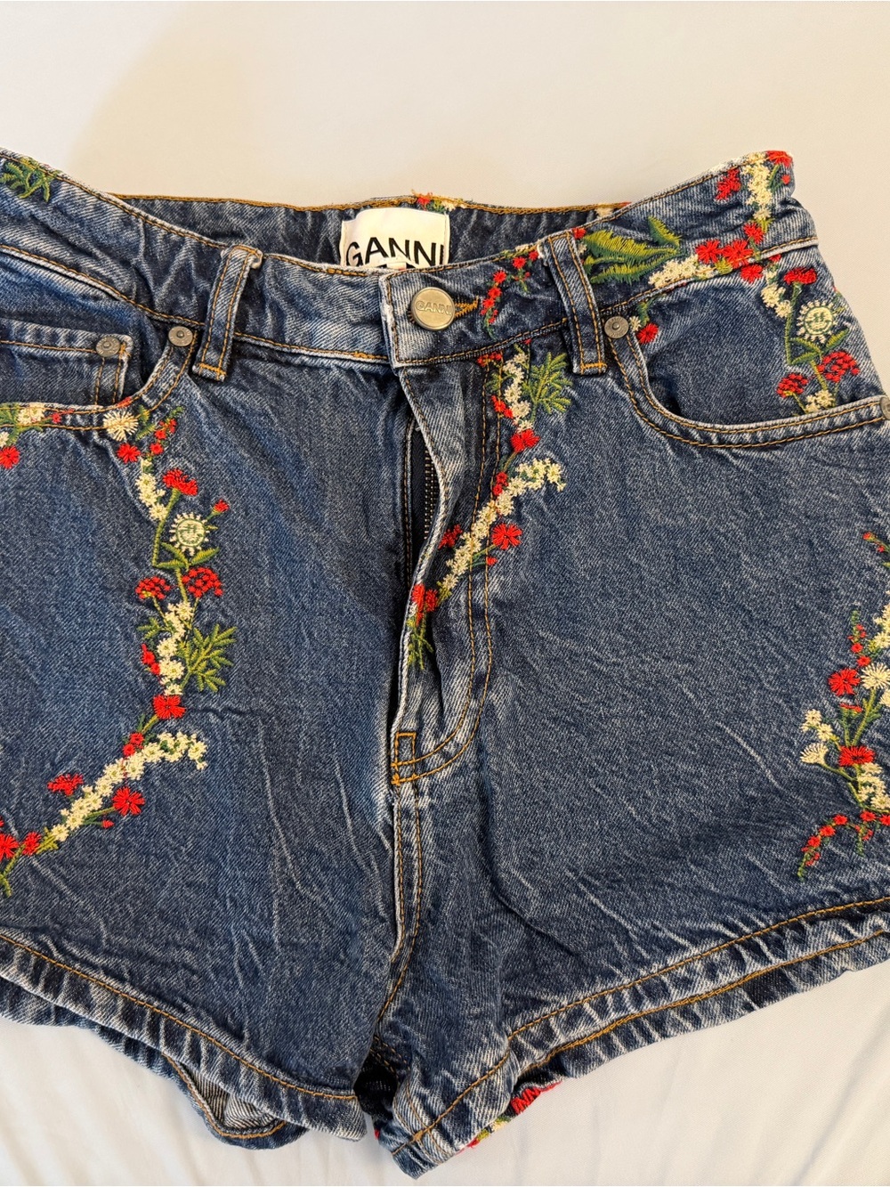 Ganni Floral Embroidered Blue Denim Shorts